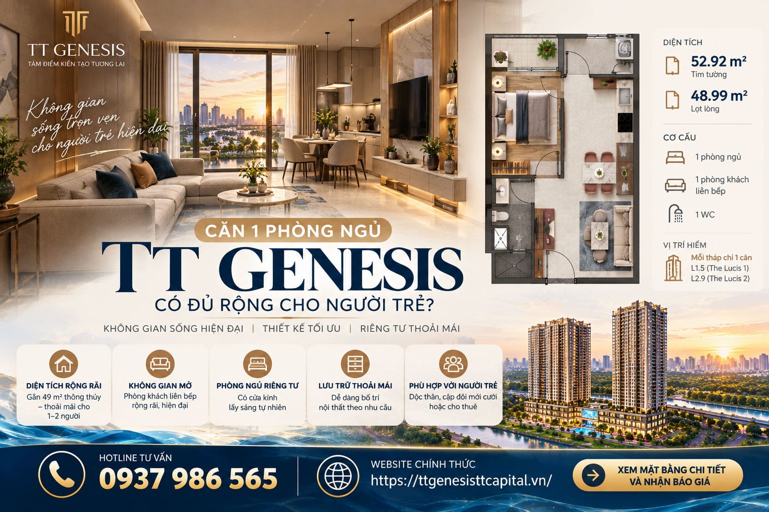 Căn 1 phòng ngủ TT Genesis có đủ rộng cho người trẻ?