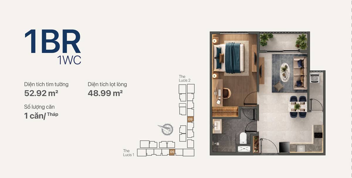 Diện tích và bố cục tổng thể của căn 1 phòng ngủ